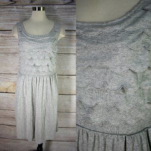 DELETTA Anthropologie Dress L Stretch Knit Silver Metallic Pockets Scalloped Top